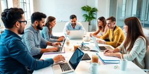 Group of entrepreneurs collaborating in a bright workspace.