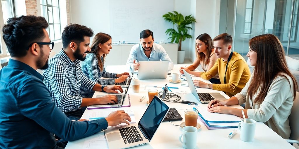 Group of entrepreneurs collaborating in a bright workspace.