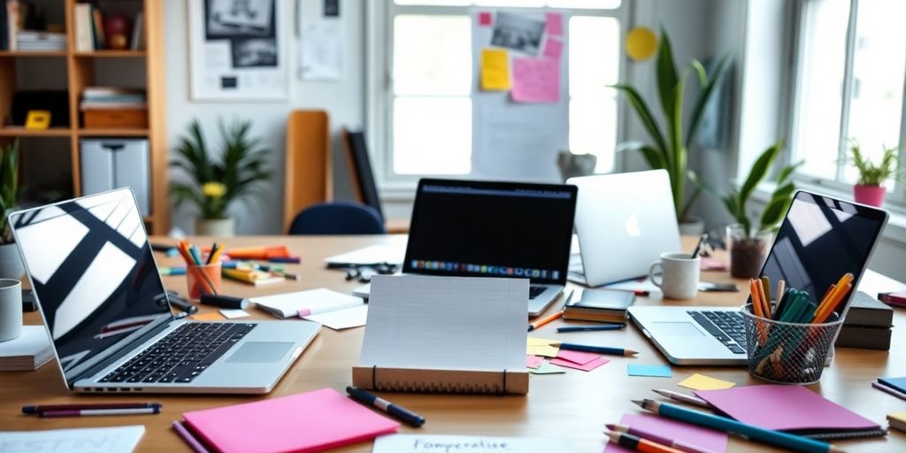 A bright workspace with laptops and brainstorming materials.