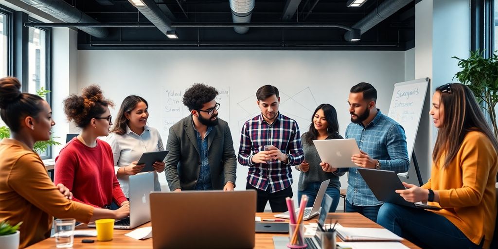 Diverse entrepreneurs collaborating in a modern office space.