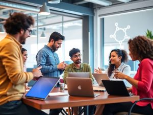 Antreprenori colaborând în spațiu modern, energic și creativ.