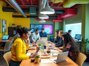 Colaborare creativă între startup-uri în birou modern.