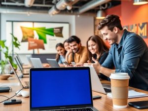 Spațiu de lucru modern pentru startup-uri cu tehnologie.