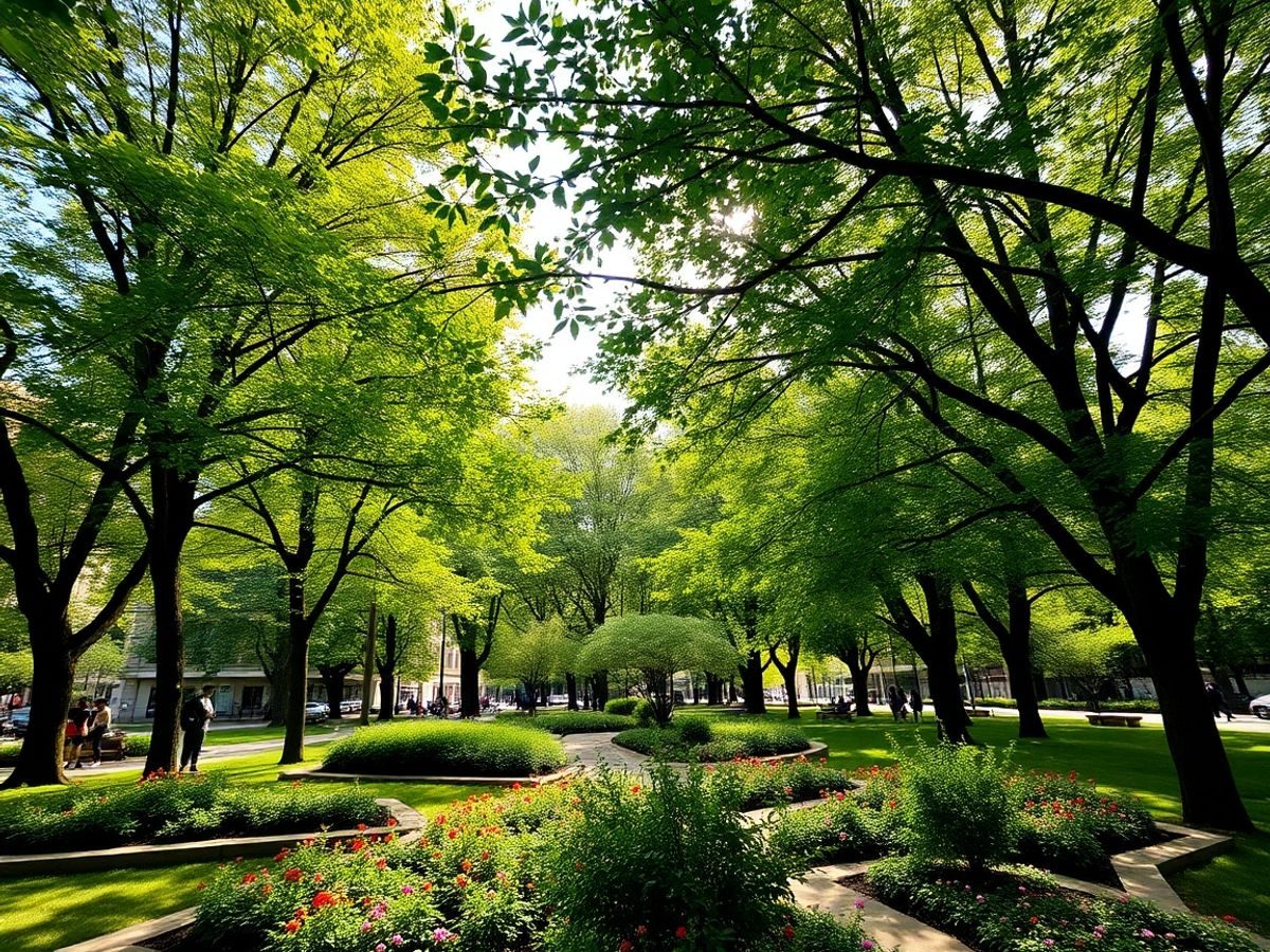 Parc urban cu copaci verzi și flori colorate.