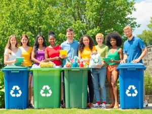 Oameni colectând selectiv deșeuri în natură.