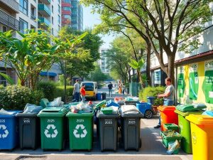 Peisaj urban curat cu containere de reciclare si verdeata.