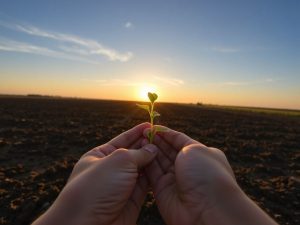 Câmp verde, mâini, răsad, soare, nori, cer.
