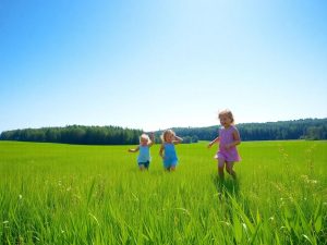 Copii jucându-se într-un peisaj verde, curat