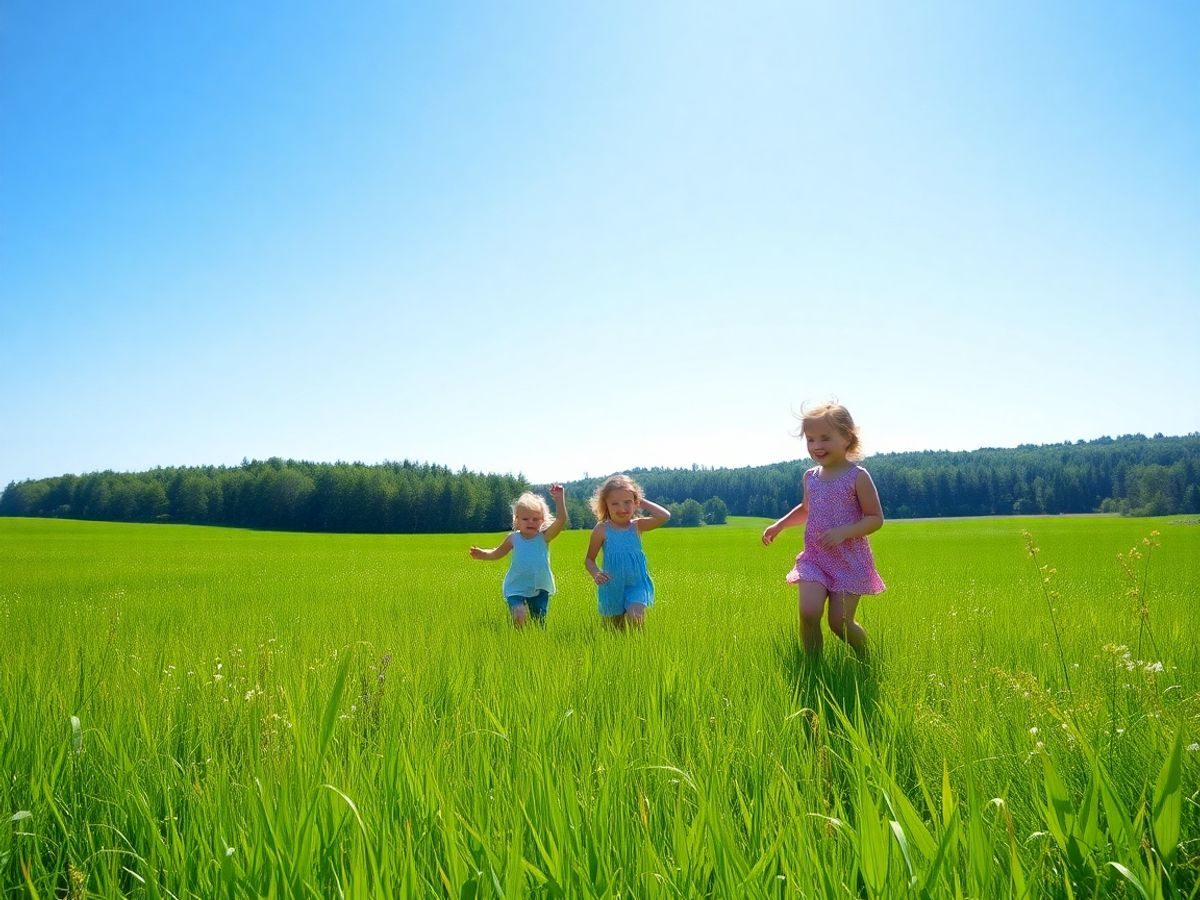 Copii jucându-se într-un peisaj verde, curat