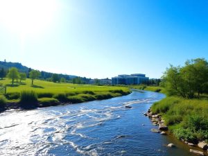 Natură vibrantă, râu curat, clădiri moderne, soare strălucitor.