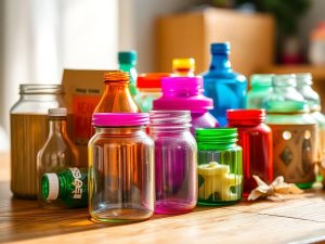 Obiecte reciclate colorate, aranjate artistic, lumina caldă