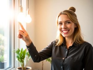 Femeie bucuroasă arătând spre becuri economice.