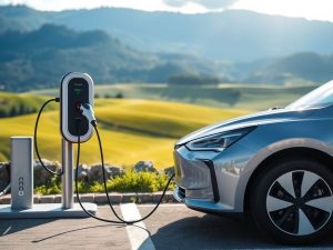 Mașină electrică modernă încărcându-se pe un drum pitoresc românesc.